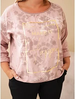 Dámska bavlnená blúzka Plus Size s potlačou a výstrihom do U, tmavo ružová, púdrová Dámska bavlnená blúzka Plus Size s potlačou a výstrihom do U, tmavo ružová, púdrová