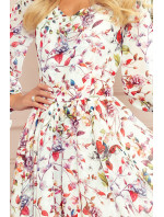 ZOE - Vzdušné dámske šifónové šaty s dekoltom, farebné kvety na svetlom pozadí 305-1
