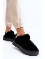 Skórzane Zamszowe Kapcie Damskie Na Platformie Z Futerkiem Czarne Sophienne