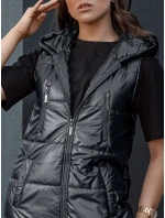 Dámska prešívaná vesta s kapucňou dlhá MERIS čierna FashionStreet TY4443