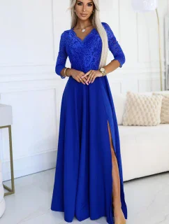 309-12 AMBER elegantné dlhé čipkované šaty s výstrihom - farba CHABRIEL