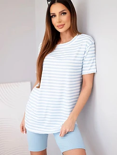 Dámsky viskózový pruhovaný set s krátkymi rukávmi a šortkami modrý