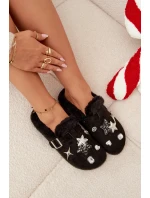Dámské pantofle s ozdobami a sponou vyhřívané kožešinou černé Thalora