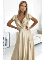 411-7 CRYSTAL saténové dlhé šaty s výstrihom - GOLD 411-7 CRYSTAL saténové dlhé šaty s výstrihom - GOLD
