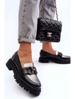 Półbuty Loafersy Damskie Skórzane Na Płaskim Obcasie Czarne Elkiza