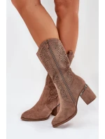 Ażurowe Kozaki Kowbojki Do Połowy Łydki S.Barski HY51-238 Brązowe