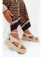 Sandały Damskie Na Platformie I Koturnie Eko Skórzane Beżowe Tenzorus