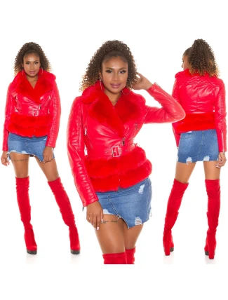Dámska sexy koženková bunda z umelej kožušiny J930 Červená - In-Stylefashion