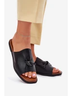 Klapki Damskie Na Płaskim Obcasie Z Ozdobnym Wiązaniem Czarne Norela