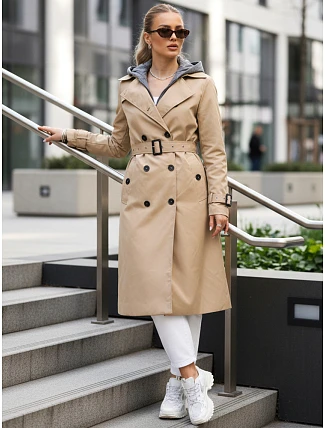 Dámsky dvojradový kabát s kapucňou FashionStreet camel TY5656 Dámsky dvojradový kabát s kapucňou FashionStreet camel TY5656