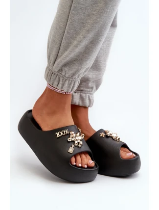 Klapki Damskie Lekkie Piankowe Z Ozdobami Czarne Orchia