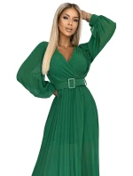 414-3 KLARA plisované šaty s opaskom a výstrihom - SVETLE ZELENÉ