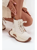 Skórzane Ocieplane Botki Damskie Na Platformie GOE SS2N4300 Jasnobeżowe