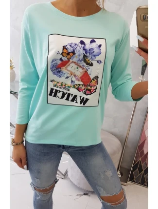 Blúzka s 3D grafikou hodiniek v mätovej farbe