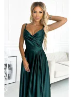 299-9 CHIARA elegantné maxi dlhé saténové šaty bez ramienok - BOTTLE GREEN