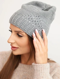 Dámska zimná vlnená čiapka s ozdobným pletením a kamienkami K449 sivá
