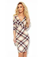 Béžovo-čierne kárované vypasované dámske šaty s preloženým obálkovým výstrihom a dlhými rukávmi 387-2 Béžovo-čierne kárované vypasované dámske šaty s preloženým obálkovým výstrihom a dlhými rukávmi 387-2