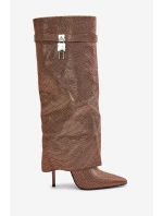 Zdobione Wsuwane Kozaki Na Szpilce Z Wywiniętą Cholewką Brązowe Enathlin