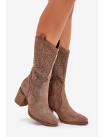 Ażurowe Kozaki Kowbojki Do Połowy Łydki S.Barski HY51-238 Brązowe