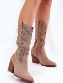 Ażurowe Kozaki Kowbojki Na Słupku S.Barski HY51-606 Beżowe