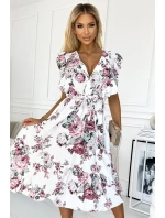 466-1 Šaty GABRIELLA s volánom, výstrihom a viazaním - BIELE S HRAJÚCIMI PINKAMI