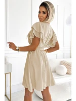 586-1 Dámske šaty s obálkovým výstrihom, rukávmi a opaskom - béžové 586-1 Dámske šaty s obálkovým výstrihom, rukávmi a opaskom - béžové