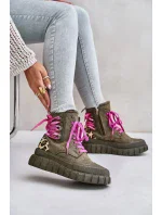 Dámske členkové topánky na platforme s ozdobným čipkovaným leopardím vzorom zelené Edidda