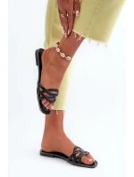 Klapki Damskie Eko Skórzane Na Płaskim Obcasie Czarne Moldela