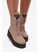 Skórzane Botki Damskie Z Ozdobą Ocieplane Beżowe Ulrika