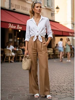 Dámske ľanové nohavice so širokými nohavicami ťavej farby FashionStreet UY3077