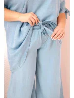 Dámska súprava v nadmernej veľkosti z materiálu Tencel, blúzka s kravatou a široké nohavice Light Denim