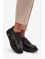 Skórzane Sznurowane Półbuty Damskie Na Platformie Artiker 57C2043 Czarno-Srebrne