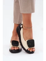 Skórzane Lakierowane Sandały Damskie Na Koturnie z Ozdobą Artiker 56C1567 Beżowe