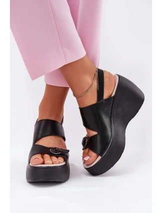 Skórzane Sandały Damskie Na Koturnie I Platformie S.Barski LR51-540 Czarne