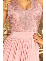 LEA - Dlhé dámske šaty vo farbe taupe bez rukávov, s vyšívaným výstrihom 215-5 LEA - Dlhé dámske šaty vo farbe taupe bez rukávov, s vyšívaným výstrihom 215-5