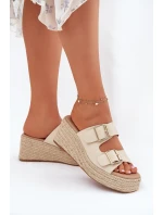 Klapki Damskie Na Koturnie Z Plecionką I Klamrami Beżowe Pasinea