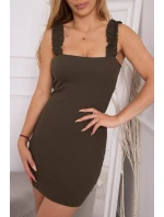 Šaty bez ramienok s volánikom khaki