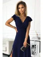 411-3 CRYSTAL dlhé trblietavé šaty s výstrihom - ZELENÉ