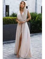 509-2 Elegantné dlhé šaty s viacerými viazankami - béžové s trblietkami
