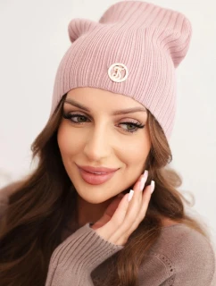 Dámska čiapka s prúžkovaným vzorom a ozdobným gombíkom s viskózou a modalovým prídavkom tmavoružová