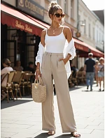 Dámske ľanové nohavice so širokými nohavicami béžovej farby FashionStreet UY3079