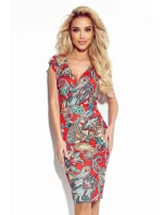 BOYKA - Vypasované červené dámske šaty so vzorom boho as preloženým obálkovým výstrihom 379-1