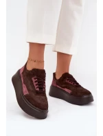 Sneakersy Damskie Z Naturalnego Zamszu Na Platformie Zazoo N1265S3 Czekoladowe