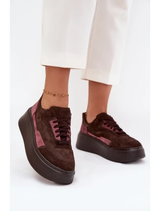 Sneakersy Damskie Z Naturalnego Zamszu Na Platformie Zazoo N1265S3 Czekoladowe