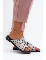 Błyszczące Klapki Damskie Na Płaskim Obcasie Z Ozdobą Srebrne Ebirena