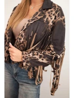 Dámska semišová bunda s leopardím vzorom a strapcami čierna