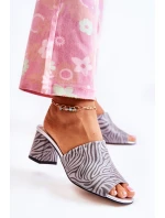 Skórzane Damskie Klapki Na Obcasie Zebra Szare Nessita