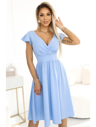 425-12 MATILDE Šaty s výstrihom a krátkymi rukávmi - MODRÉ