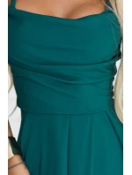 589-6 Maxi šaty bez ramienok s korzetovým zaväzovaním vzadu a rozparkom - fľaškovo zelené