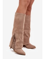 Wsuwane Kozaki Kowbojki Damskie Na Słupku Z Frędzlami Beżowe Zalia